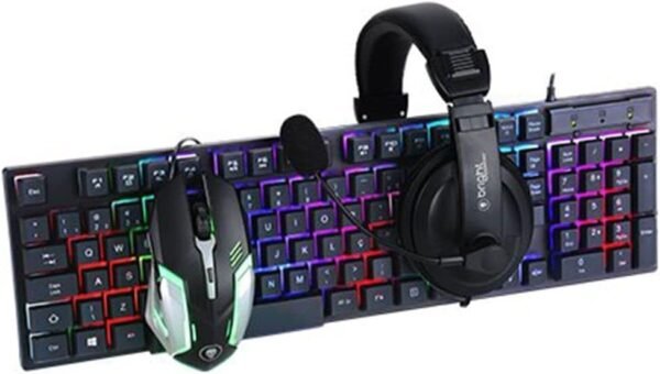 O jogador brilhante e combinado, Teclado liderou 107 Teclas, Mouse liderou 6 botões, fone de ouvido, 7 modos de iluminação rgb, fn multimídia, padrão abnt2, headset com microfona e regulador regulador