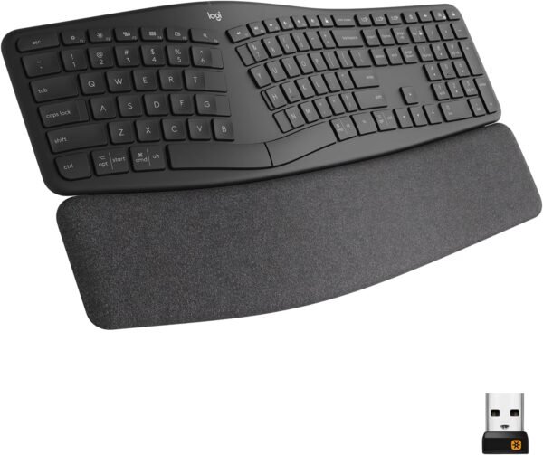 Teclado sem fio logitech ergo k860 com layout de teclado dividido, suporte para despanso de pulso, tecido resistente a manchas, conexão bluetooth e usb - compatível com windows e mac.